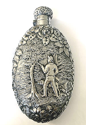 Jenkins & Jenkins sterling silver repousse flask with hunting scene man and dog